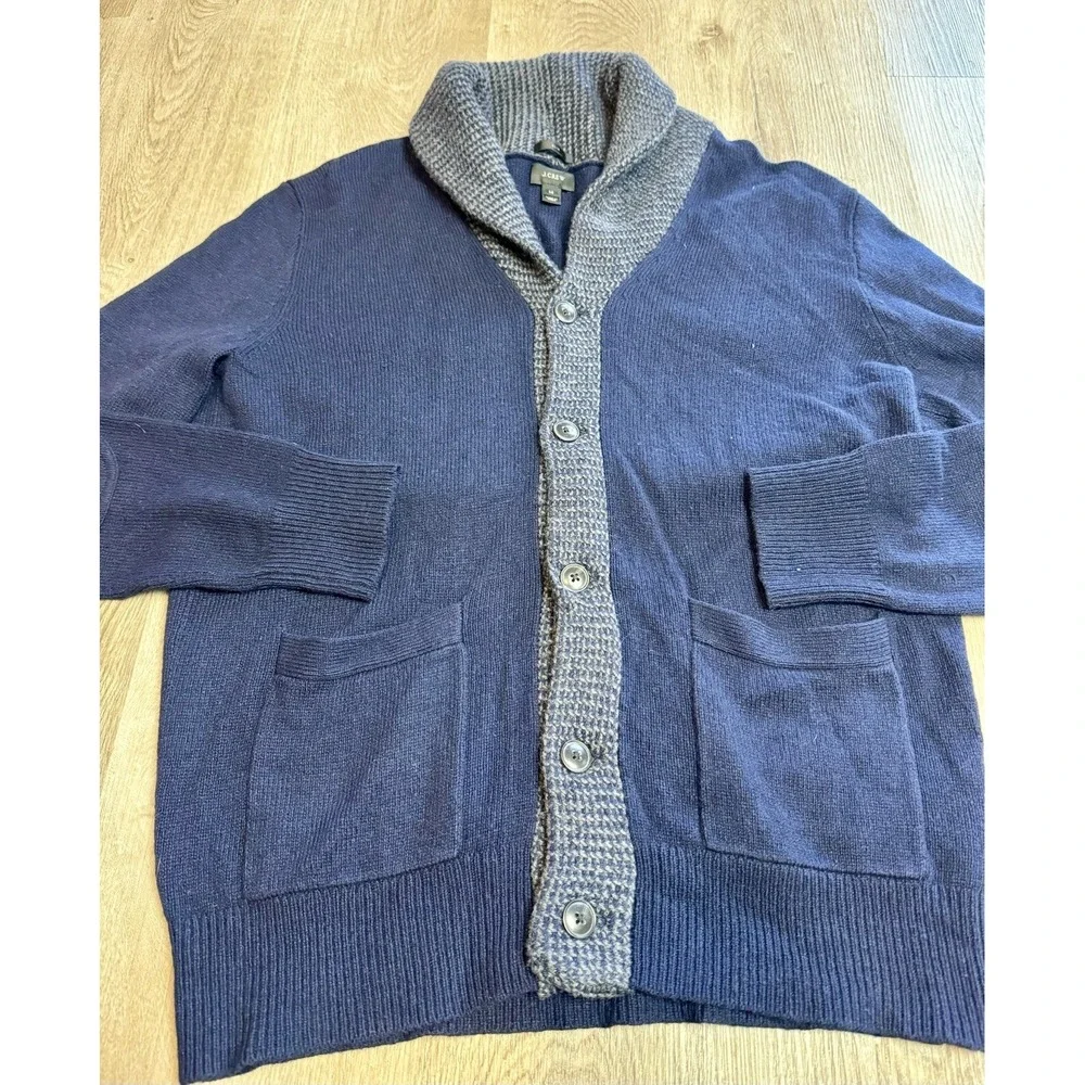 J. Crew Mens Shawl Collar‎ Cardigan Sweater Elbow Patch Knit Blue Medium